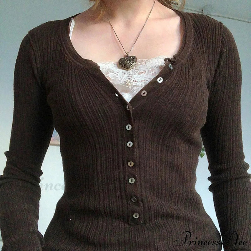 Aesthetic Up Ribbed Lace Arm Patchwork Retro Tops Y2k Skinny Grunge Button Long Fairy T-shirt Blouse