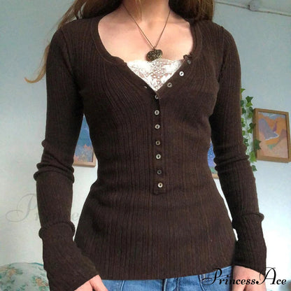 Aesthetic Up Ribbed Lace Arm Patchwork Retro Tops Y2k Skinny Grunge Button Long Fairy T-shirt Blouse