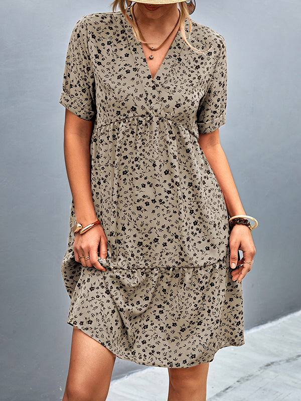 Short Sleeves Flower Print Split-joint V-neck Mini Dresses