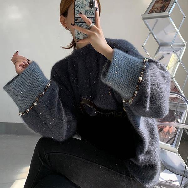 Grey O-neck Sequins Long Sleeve With Beaded Knit Sweater Tw022