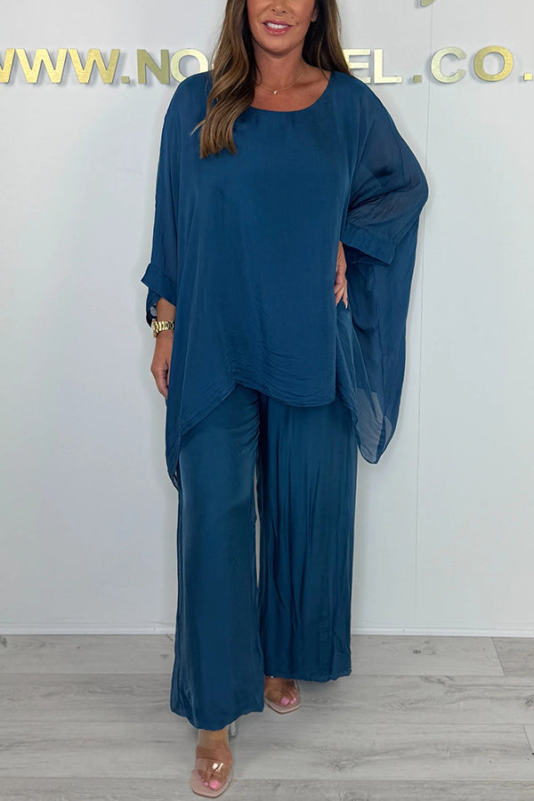 Color Round Neck Loose Bat Sleeve Top and Elastic Waist Wide Leg Pants Set