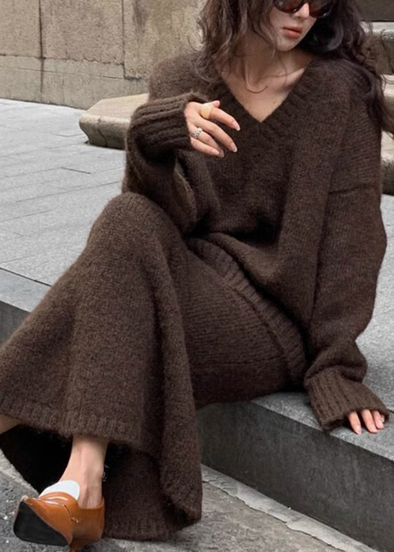 Brown Cozy Cotton Knit Sweaters and Maxi Skirts Two Pieces Set Winter Wv029