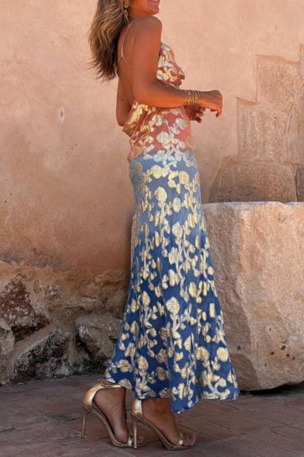 Tie Dye Ombre Gold Print Strappy Maxi Dress