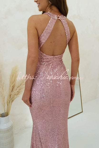 Time to Sparkle Sequin Cross Halter Neck Backless Maxi Dress
