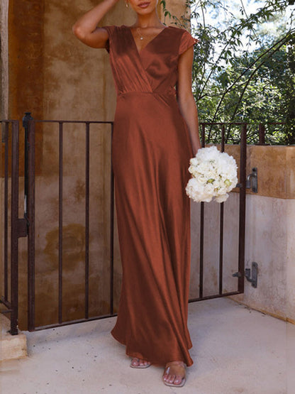 Loose Short Sleeves Pleated Color Split-joint V-neck Maxi Dresses