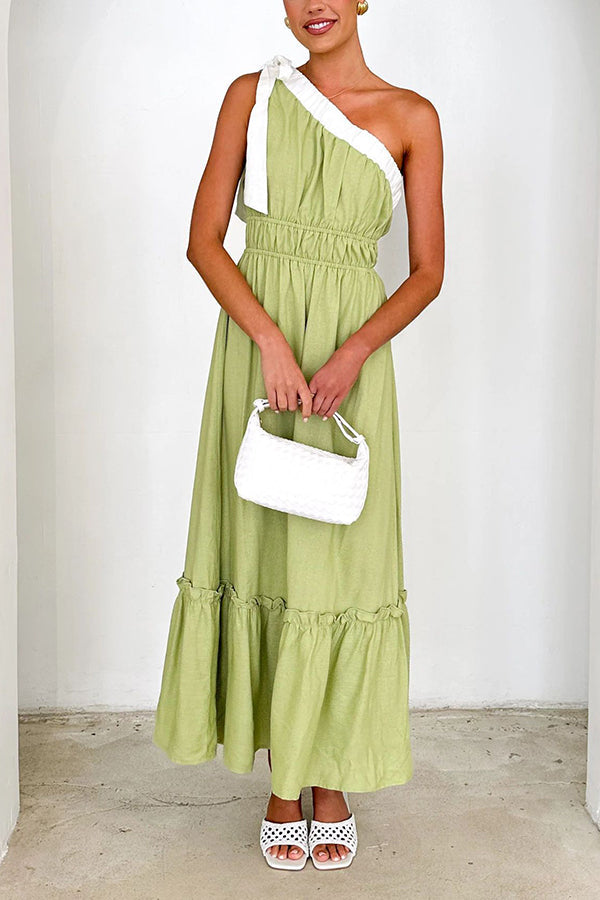 Sleeveless One Shoulder Tie Elastic Neck Pleated Maxi Dress