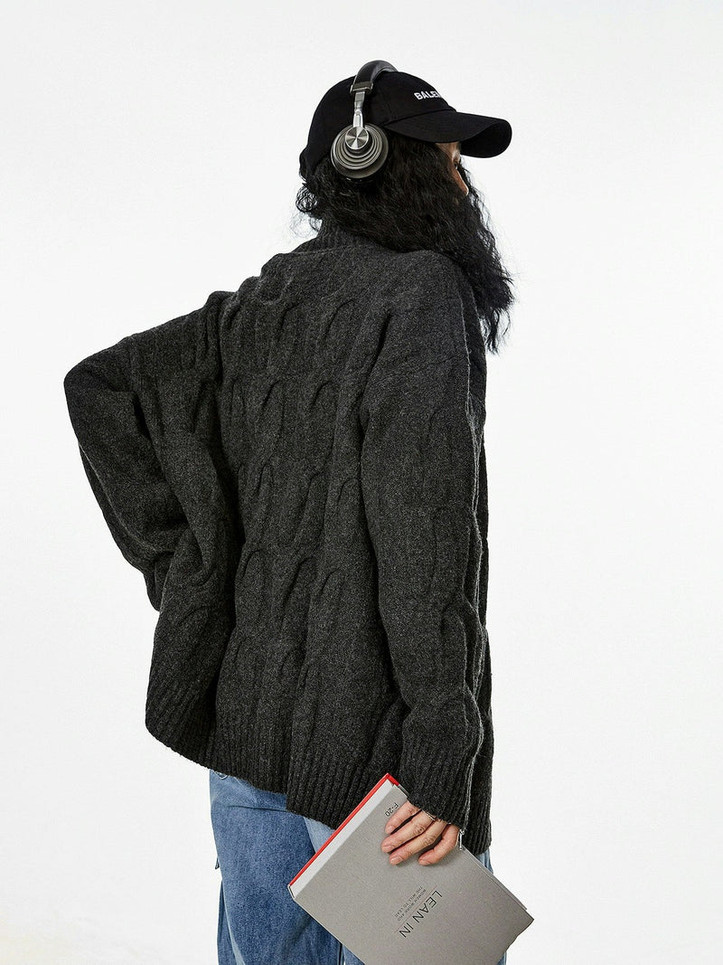 Ribbed Trim Cable Knit Zip-up Cardigan