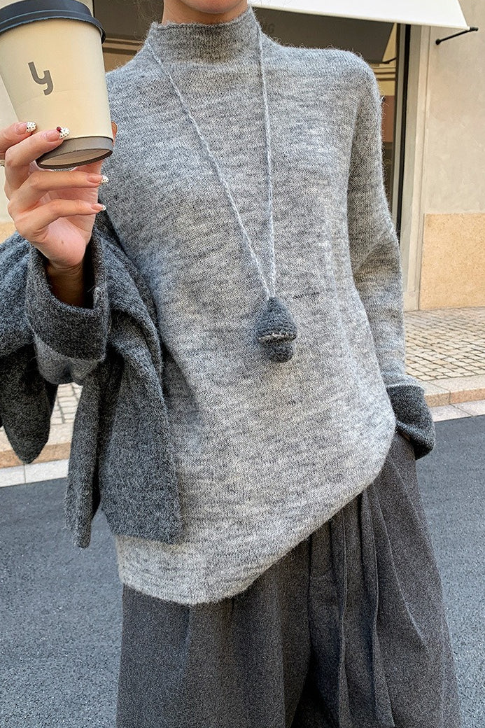 Color-block Mock Neck Loose Lazy-style Knit Sweater