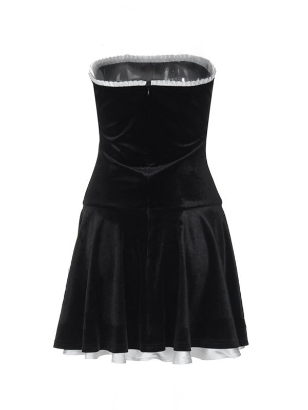 Black Velvet Splice Pleated Bandeau Mini Dress