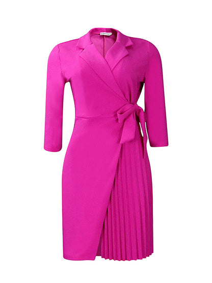 Three-quarter Sleeves Pleated Color Split-front Tied Waist V-neck Mini Dresses