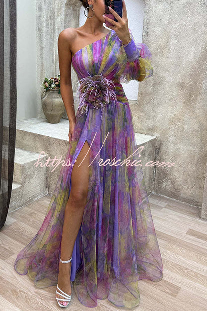 Picturesque Beauty Tulle Pleated One Shoulder Sleeve Slit Maxi Dress