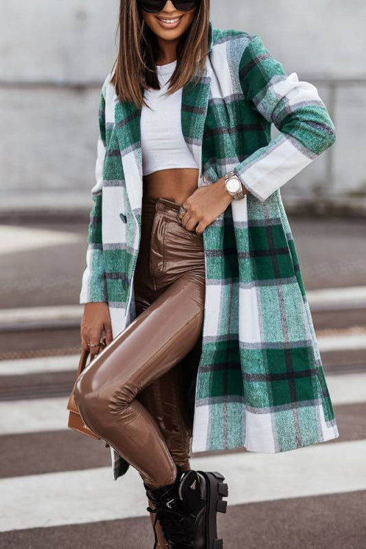 Mid Length Double Breasted Plaid Print Woolen Coat