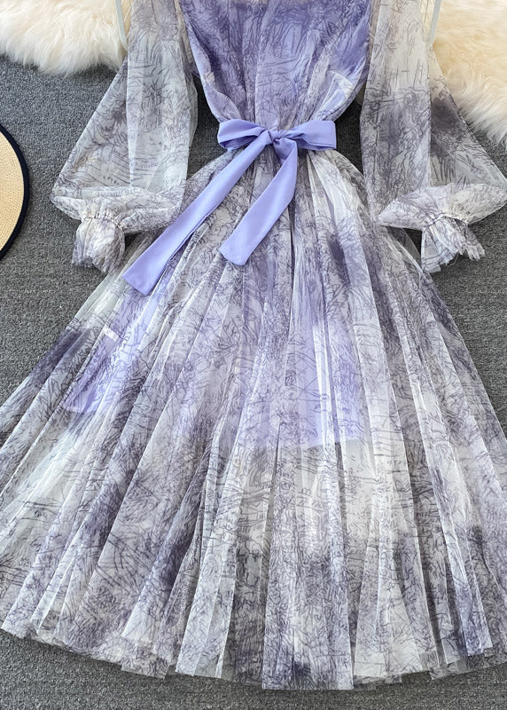 Purple O-neck Bow Tulle Long Dress Puff Sleeve Aj1038