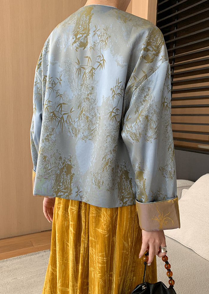 Loose Blue Button Print Silk Coats Long Sleeve Af1087