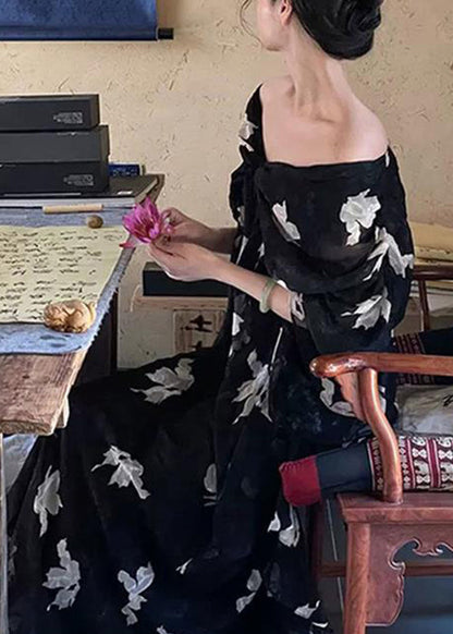 Stylish Black V Neck Print Chiffon Long Dress Half Sleeve Qp027