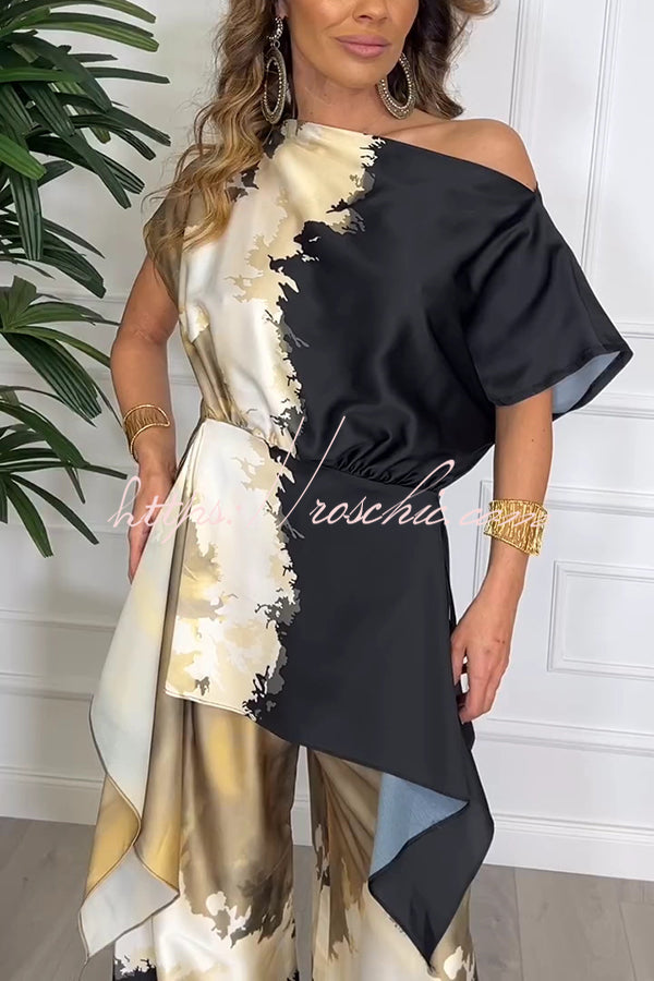 Bellen Satin Unique Print Wide Sleeve Irregular Top and Elastic Waist Wide Leg Pants Set