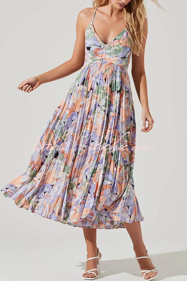 Wedding Party Season Print Pleated Back Tie-up Midi Dress