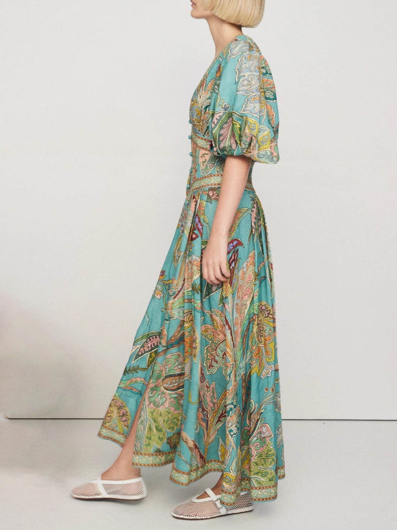 Unique Satin Print Puff Sleeve Midi Dress