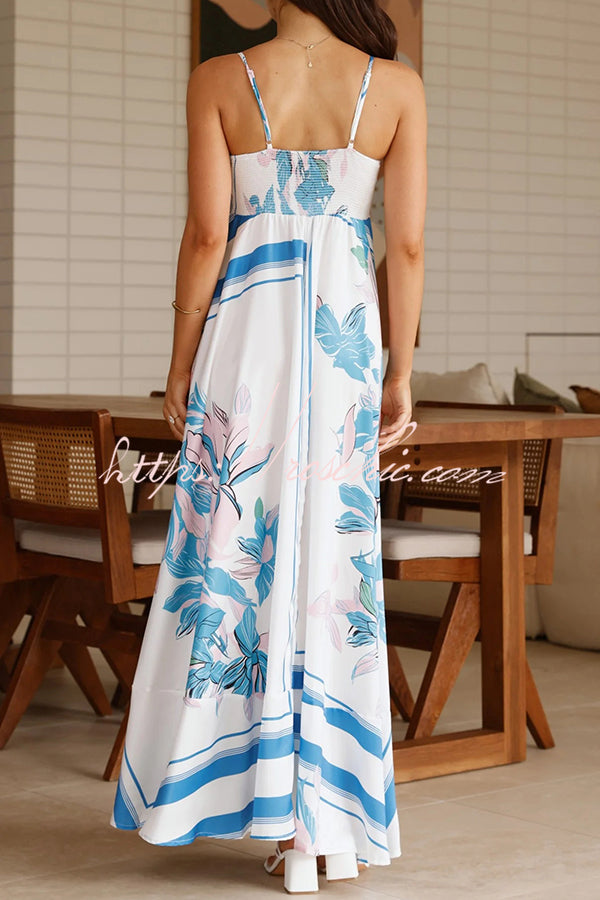 Botanical Print Halter Square Neck Pleated Loose Maxi Dress