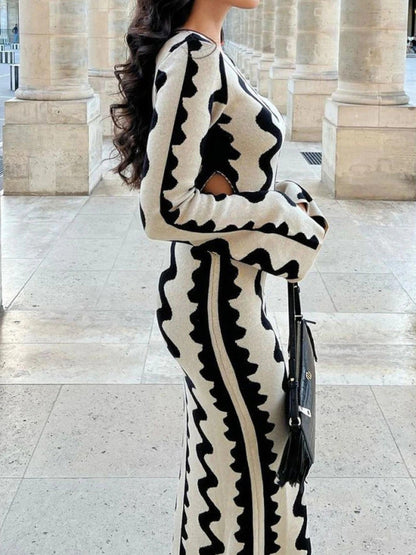 High Waisted Long Sleeves Hollow Printed Round-neck Maxi Dresses