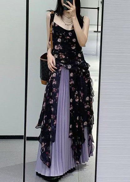 Black Ruffled Print Chiffon Two-piece Set Sleeveless Qp030