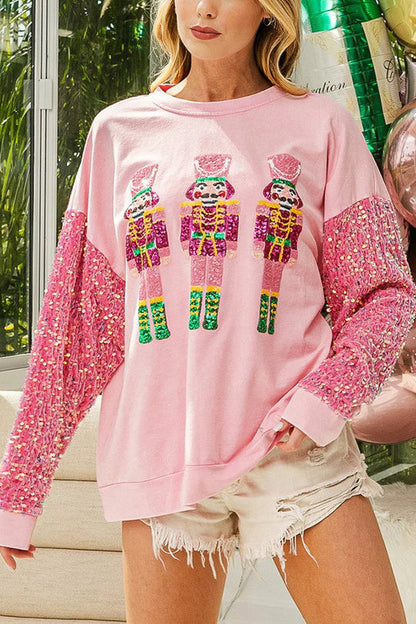 Christmas Loose Round Neck Sequined Sleeve Sweatshirt