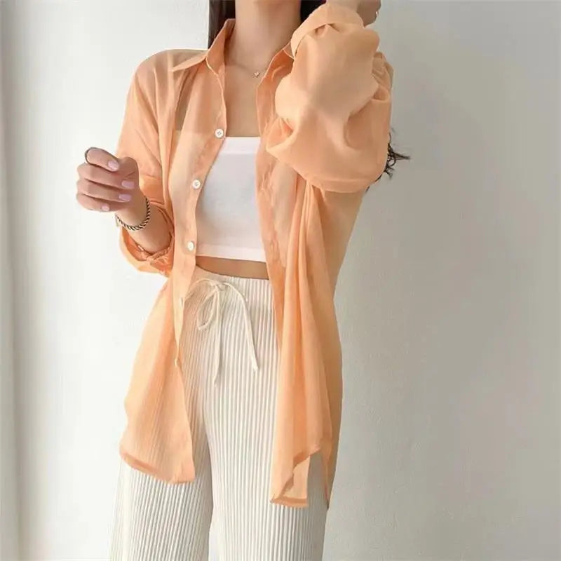 Perspective Shirts Sheer Thin Summer Simple Sun-proof Top Blouse Baggy All-match Basic Korean Clothing