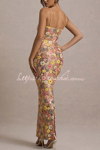 80's Inspired Print Sequin Square Neck Slip Stretch Maxi Dress