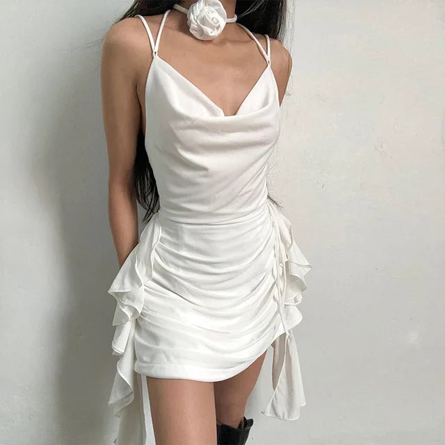 Backless Dress for Ruffle Folds Slim Mini Dresses Holiday Bandage V Neck Lace Up Dress Woman