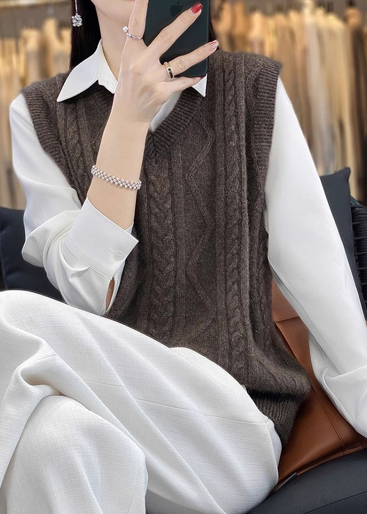 Camel V Neck Thick Cable Wool Knit Waistcoat Fall Qp042