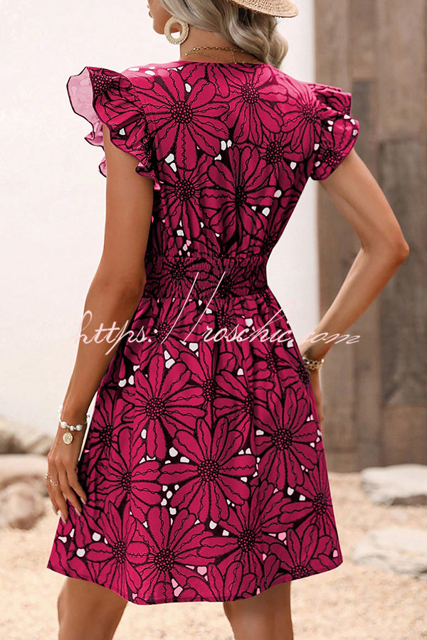 Wonderful Weekend Print Ruffle Sleeve Elastic Waist Mini Dress