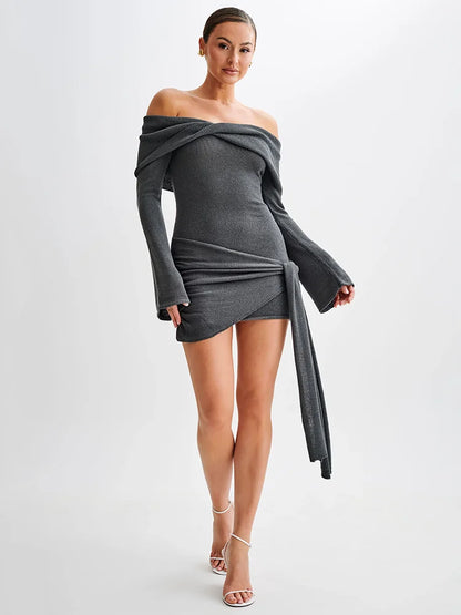 Off-shoulder Knit Mini Dress for Autumn Winter New Strapless Backless Long Sleeve Ruched Draped Knitted Dress