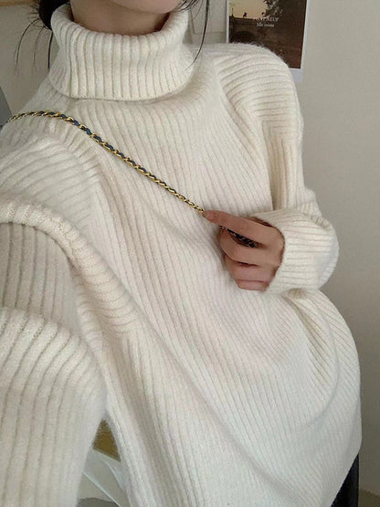 Simple Blue High Neck Split-side Long Sleeve Sweater Qx013