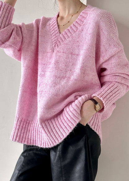 Loose Pink V Neck Hollow Out Cotton Knit Sweater Fall Af1091