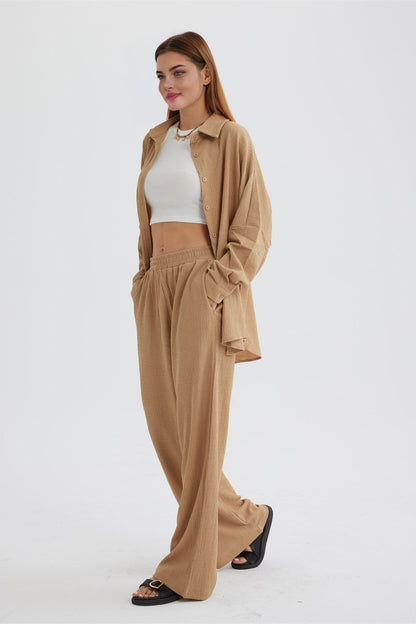 Two Piece Color Long Sleeve Shirt Long Pants Set