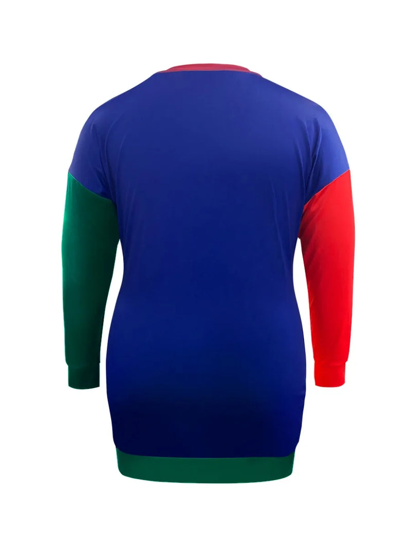 Color Lump Patchwork Dress Long Sleeve Round Neck Drop Shoulder Autumn Winter Straight Mini Dresses