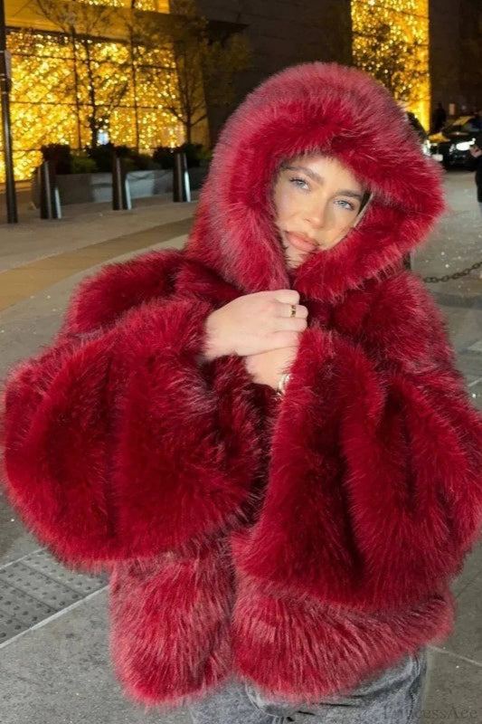 Angora Red Faux Fox Fur Cropped Hooded Coat