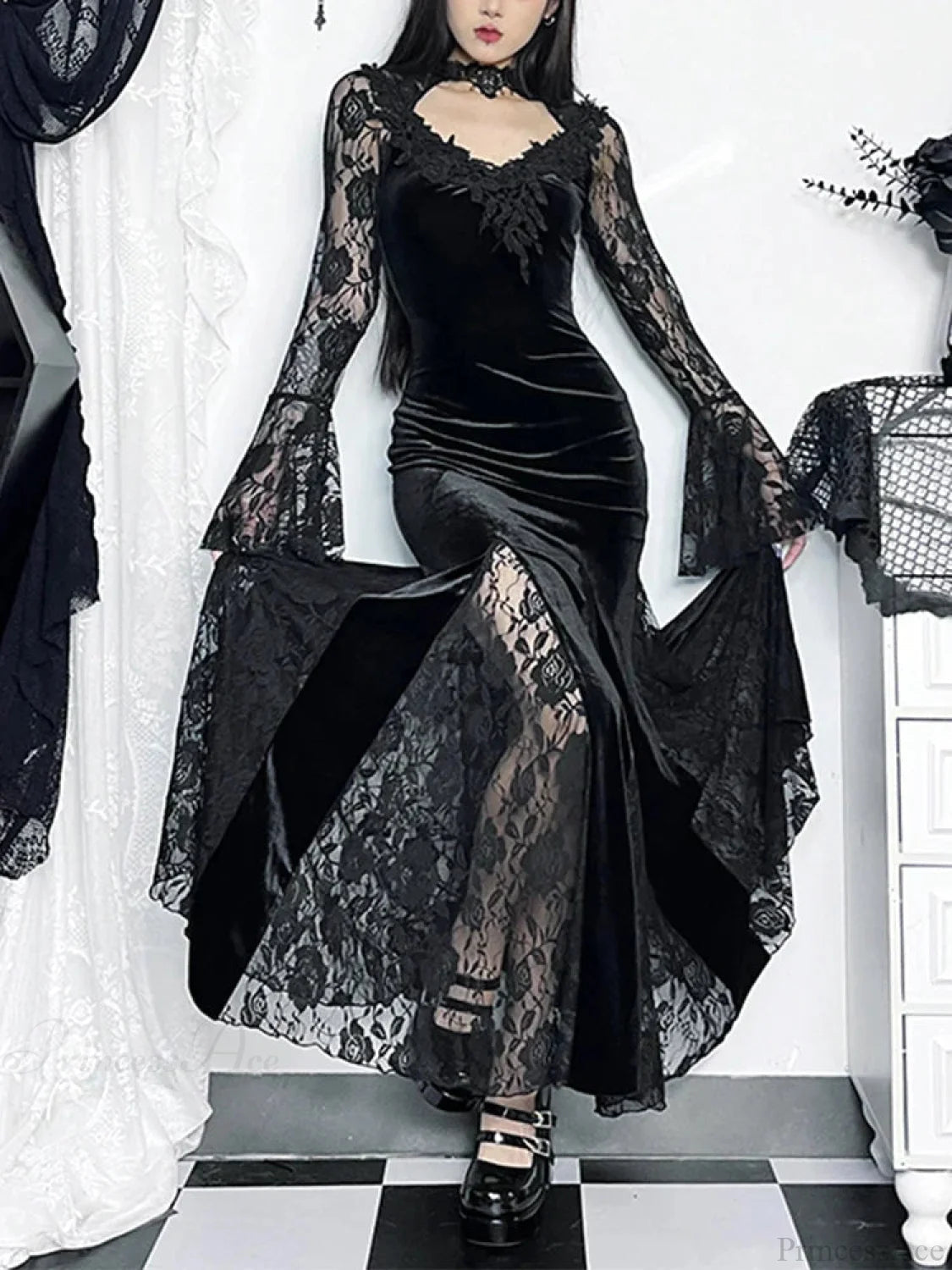 Antique Lace Flare Sleeve Midi Dress