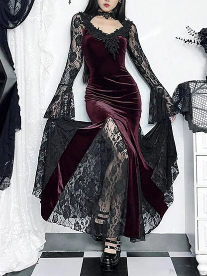 Lace Patchwork Flare Sleeve Maxi Dress