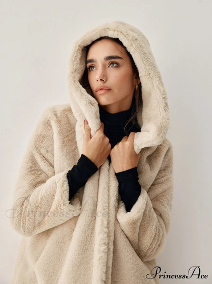 Apricot Faux Fur Hooded Longline Coat