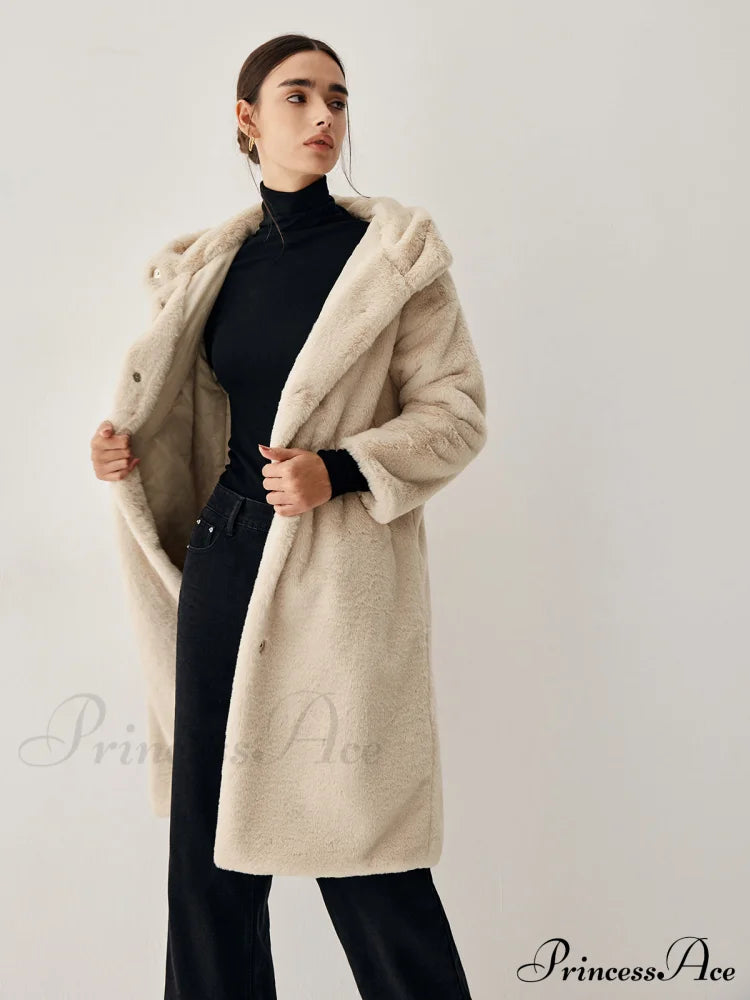 Apricot Faux Fur Hooded Longline Coat