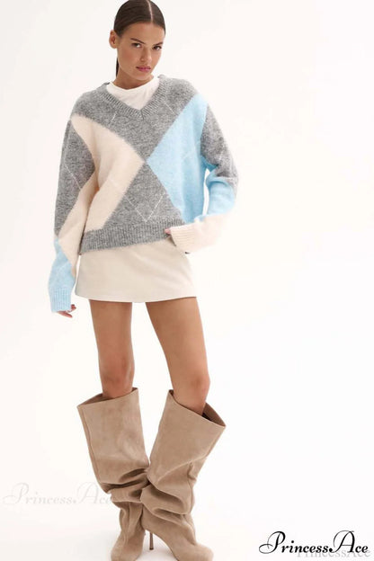 Argyle Pattern Crew Neck Pullover Long Sleeve Warm Sweater