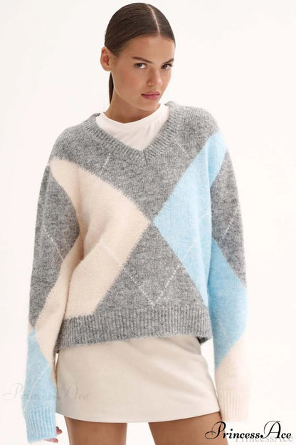 Argyle Pattern Crew Neck Pullover Long Sleeve Warm Sweater