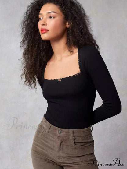 Arm Stretch Flower Boxy Long Thread T-shirt Body Neck Knitted Top