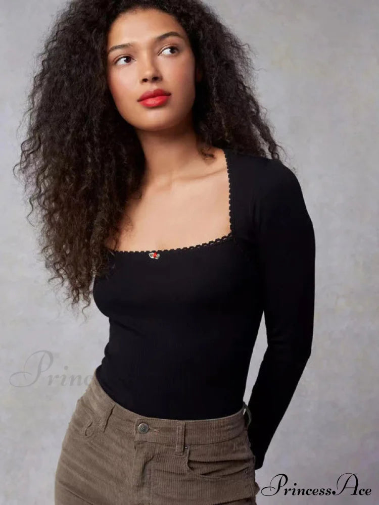 Arm Stretch Flower Boxy Long Thread T-shirt Body Neck Knitted Top