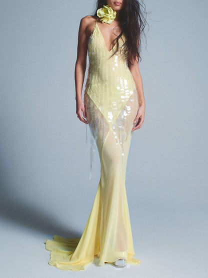 Sequins Low V-neck Draped Maxi Dress