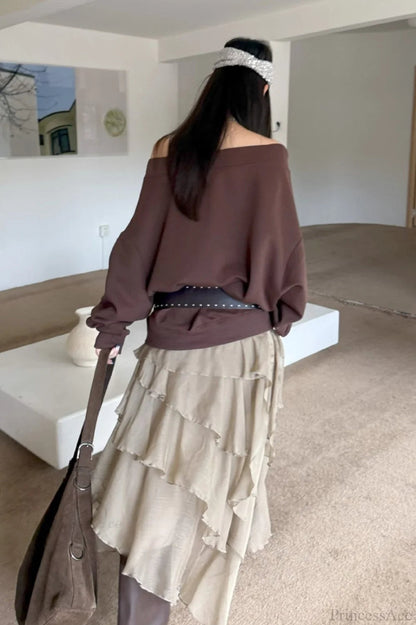 Asym Off-shoulder Rivet Loose Sweatshirt