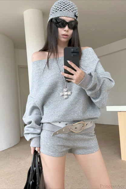 Asym Off-shoulder Rivet Loose Sweatshirt