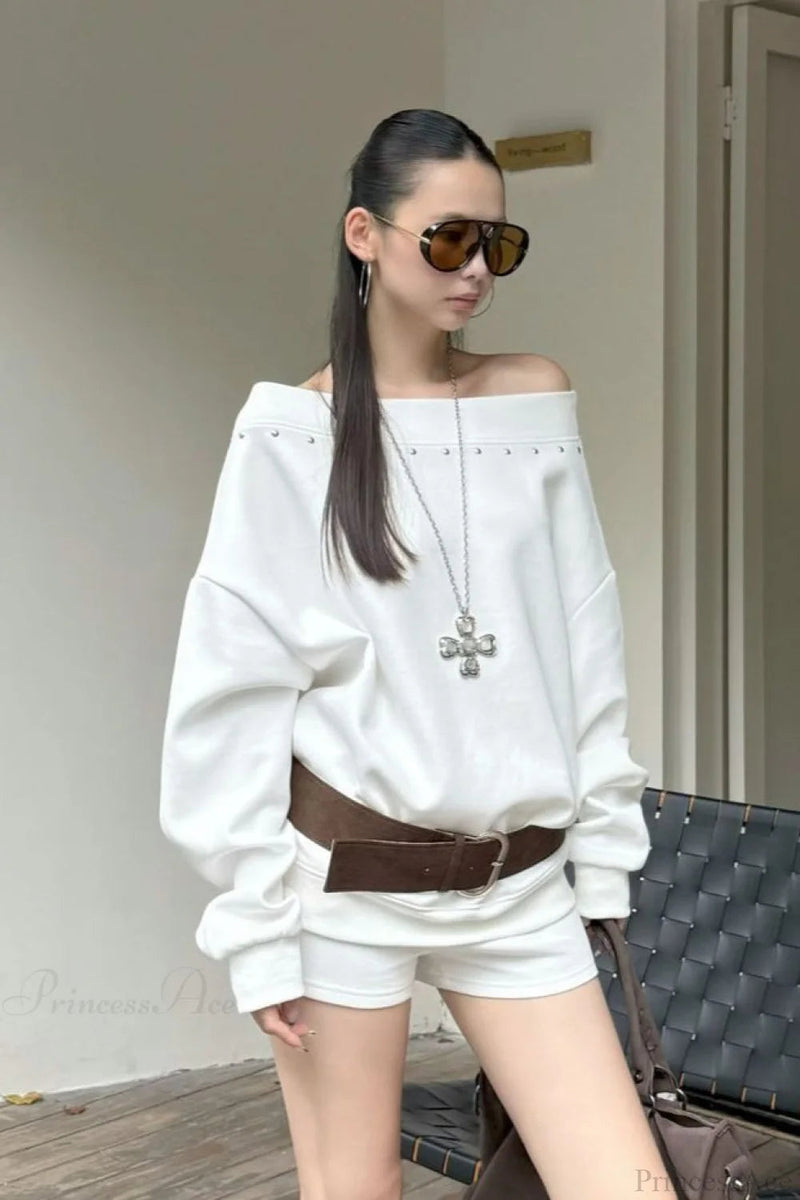 Asym Off-shoulder Rivet Loose Sweatshirt
