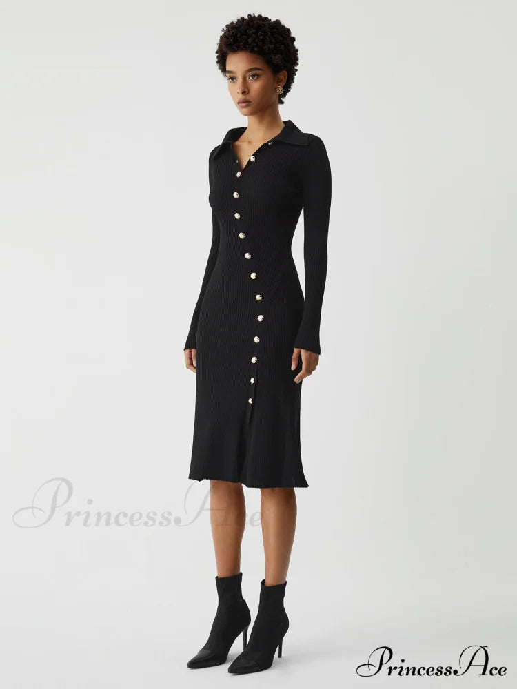 Asymmetric Button Down Long Modern Sleeve Midi Sweater Dress